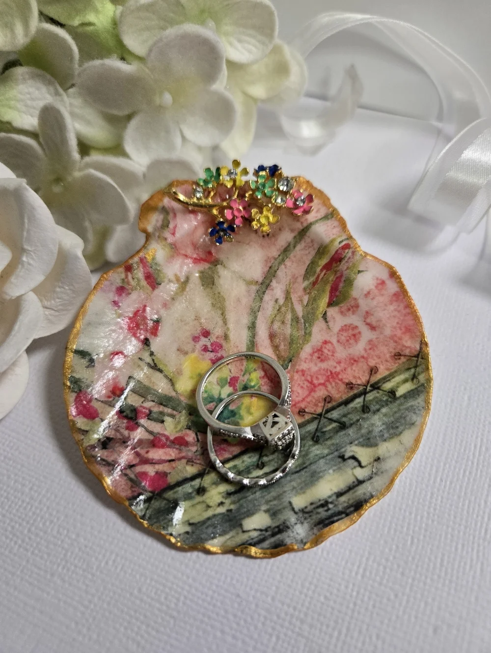 Hand Gilded Upcycled Jewelry Art Decoupage Shell Trinket Dish - Micro Florals